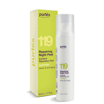 Purles Repairing Night Peel 119 posiada kwasy AHA do pielęgnacji skóry, aby zmniejszyć objawy starzenia