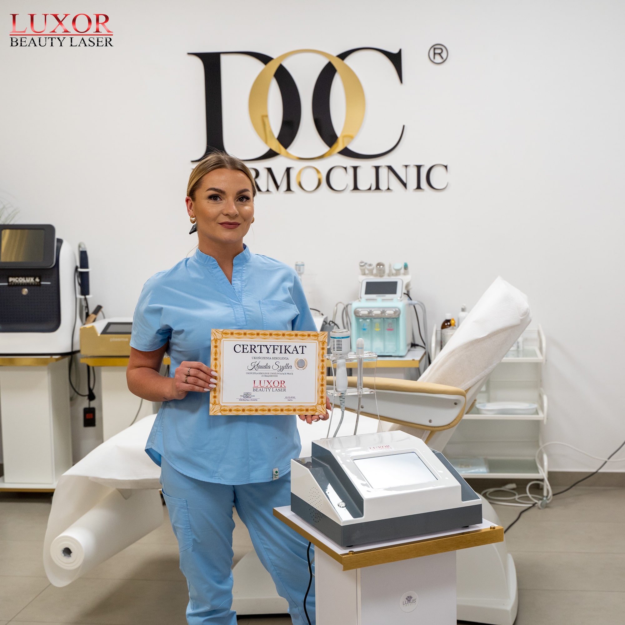 Imienny dyplom zaświadcza o uzyskaniu odpowiednich umiejętności umożliwiających pracę z maszyną Luxor Beauty